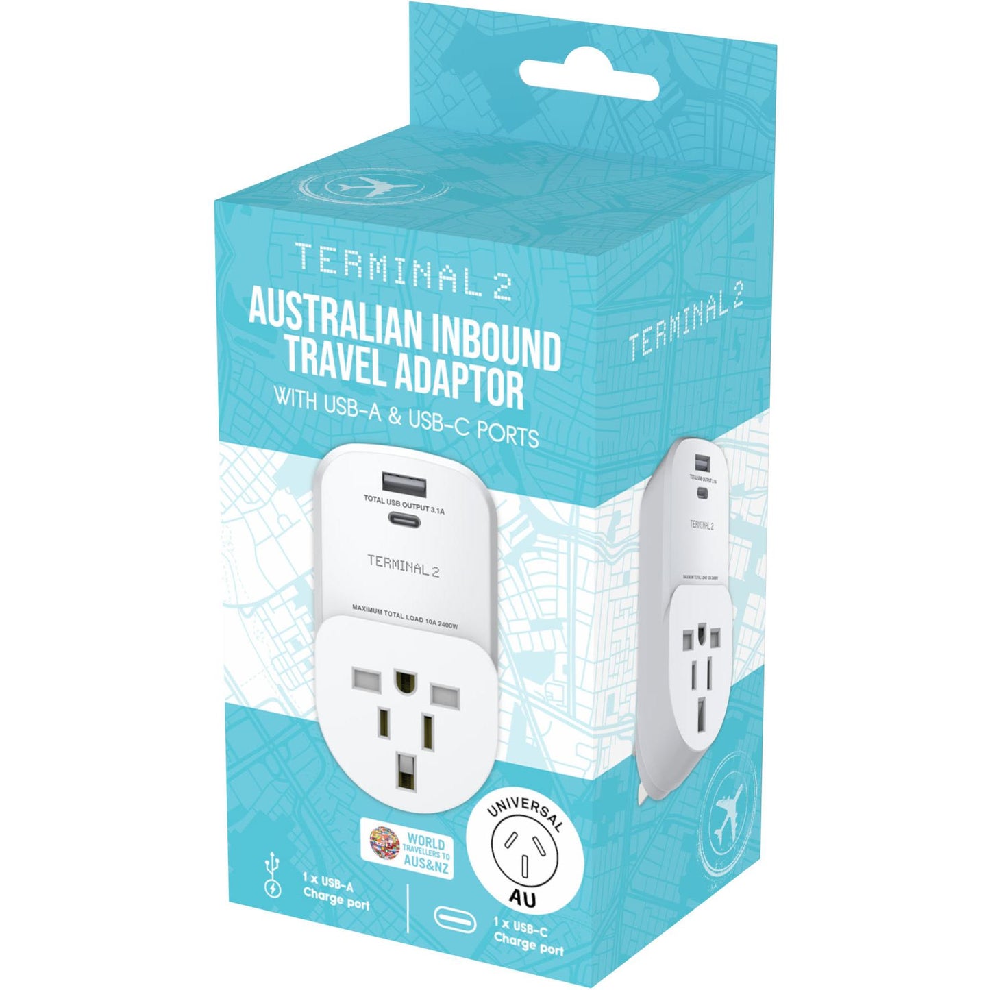 Terminal 2 Inbound Travel Adaptor with USB-A and USB-C Ports Australia