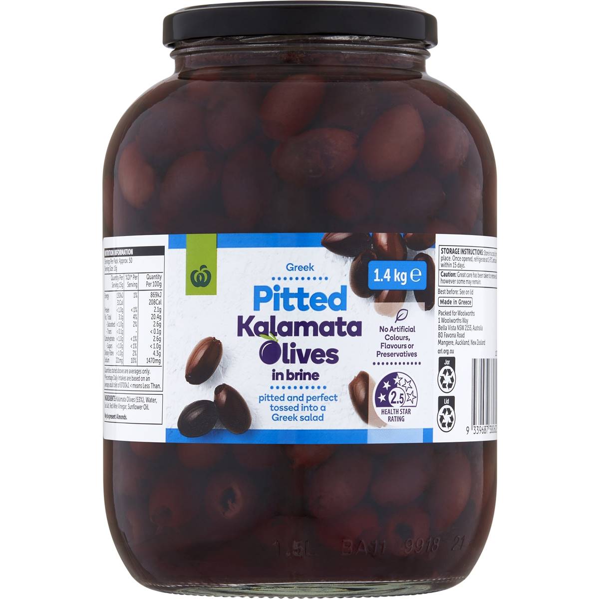 Woolworths Pitted Kalamata Olives In Brine 1.4kg