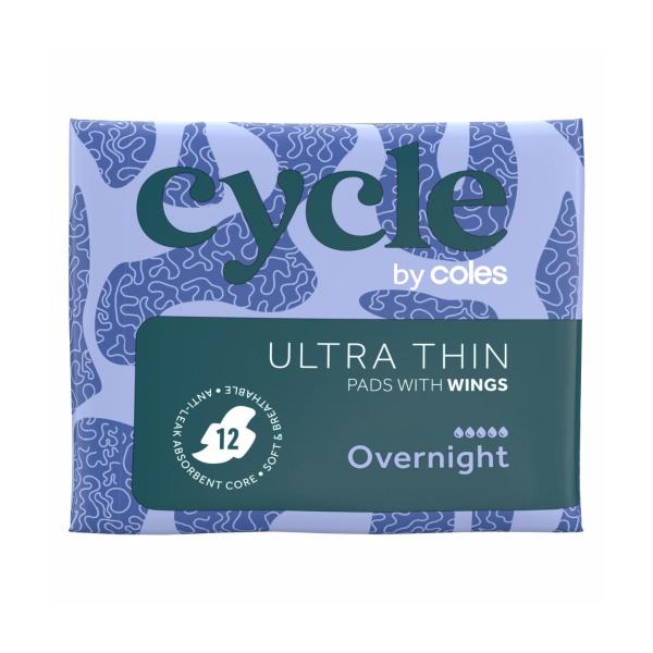 CYCLE BY COLES PADS ULTRA THIN OVERNIGHT WITH WINGS 12 PACK