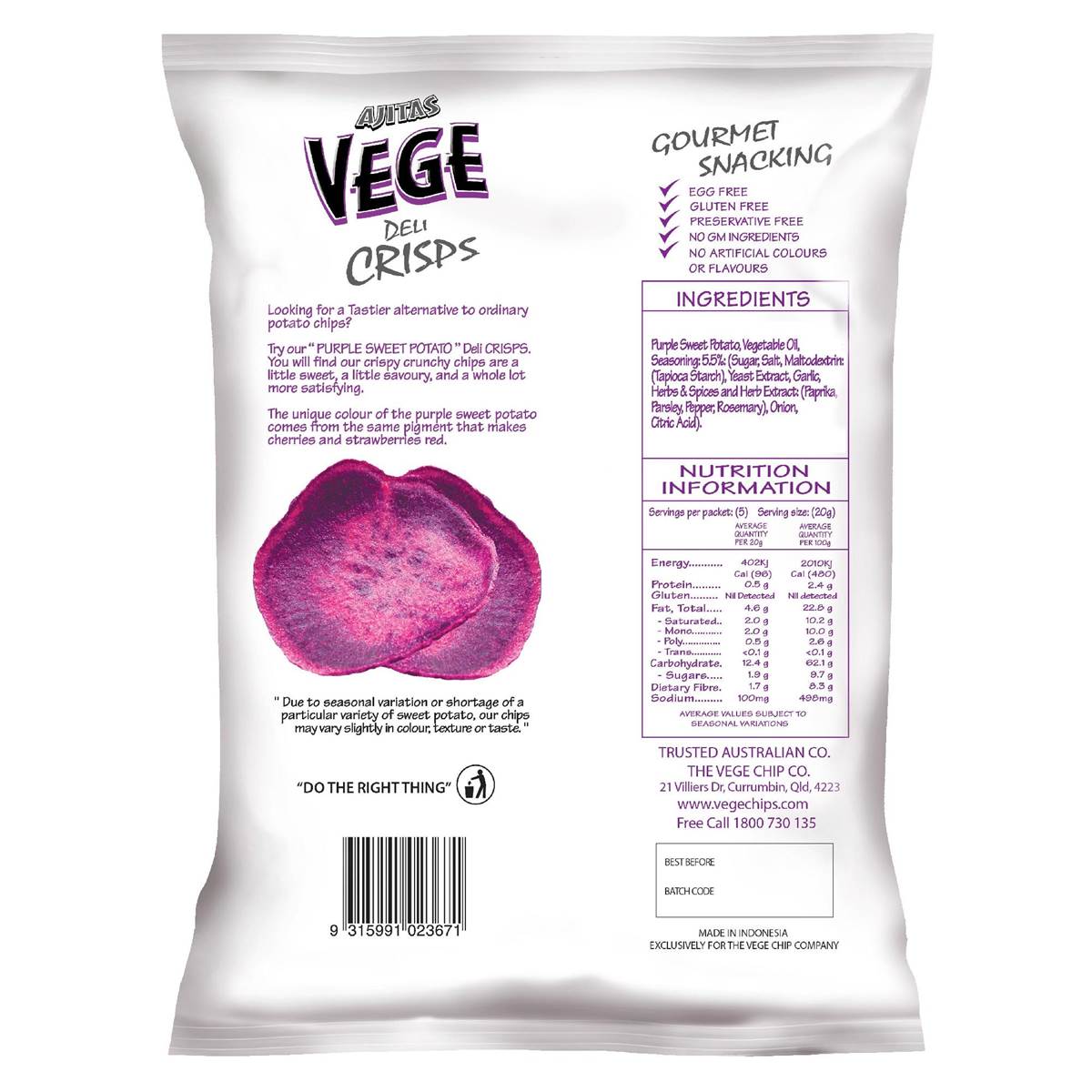 Vege Chips Deli Crisps Purple Sweet Potato 100g