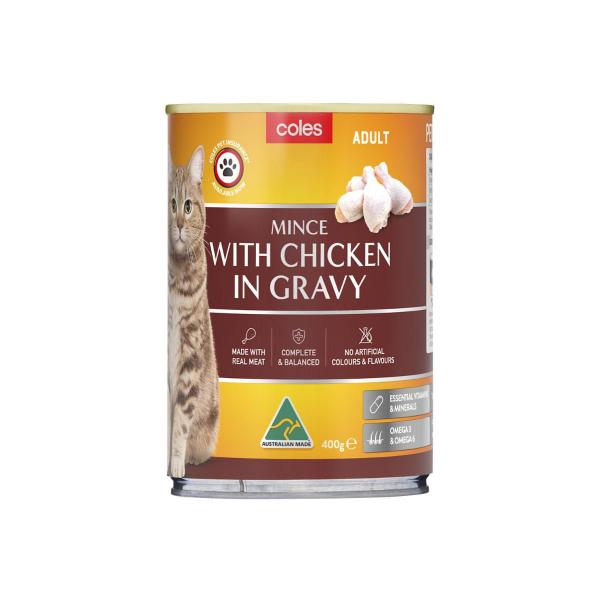 COLES CAT FOOD MINCE WITH CHICKEN GRAVY ADULT 400G