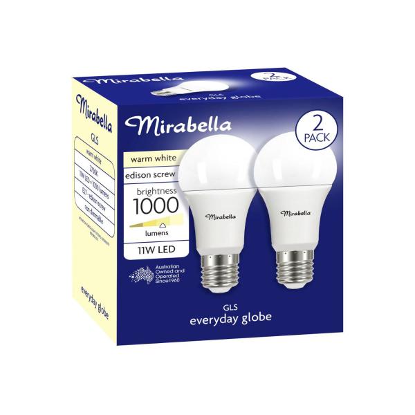 MIRABELLA LED 2PK GLS ES 11W 1000LUM 2700K WARM WHITE BRAND A60