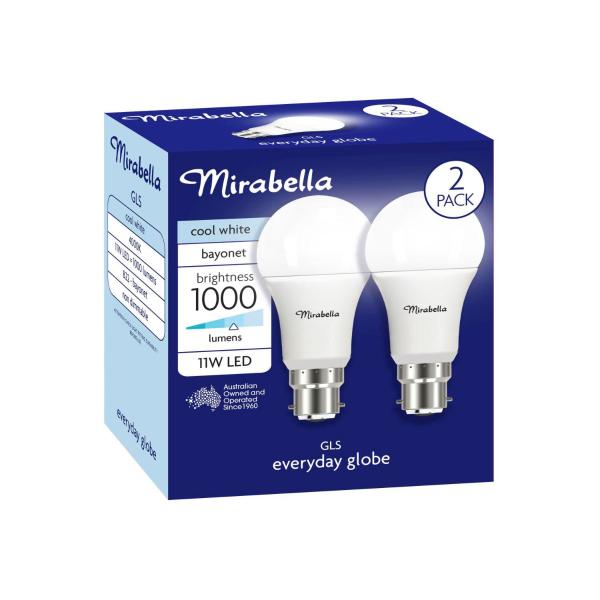 MIRABELLA LED 2PK GLS BC 11W 1000LUM 4000K COOL WHITE BRAND A60