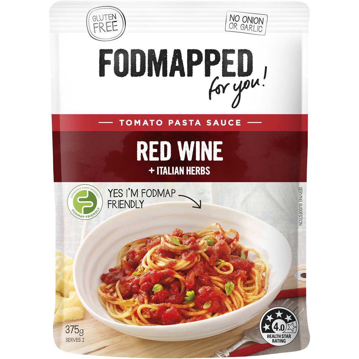 Fodmapped For You Red Wine & Italian Herbs Tomato Pasta Sauce 375G