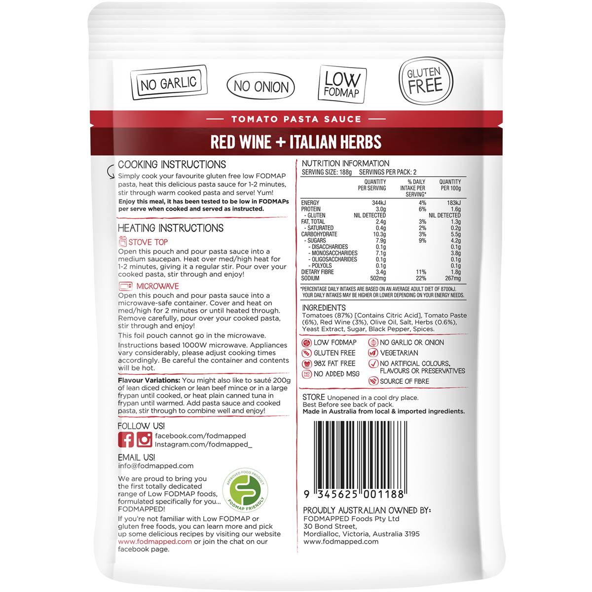 Fodmapped For You Red Wine & Italian Herbs Tomato Pasta Sauce 375G