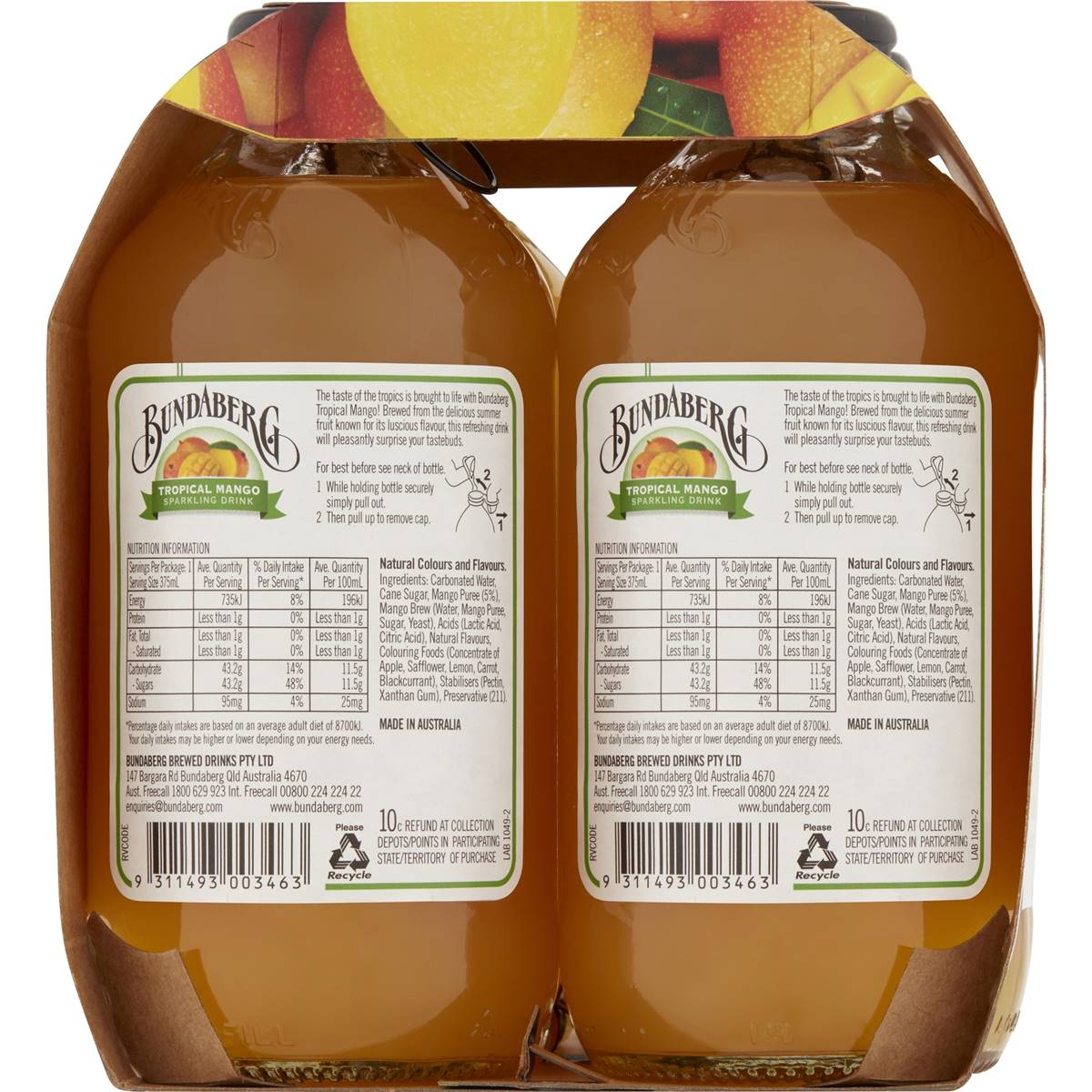 Bundaberg Tropical Mango Sparkling Drink 375ml x4 Pack