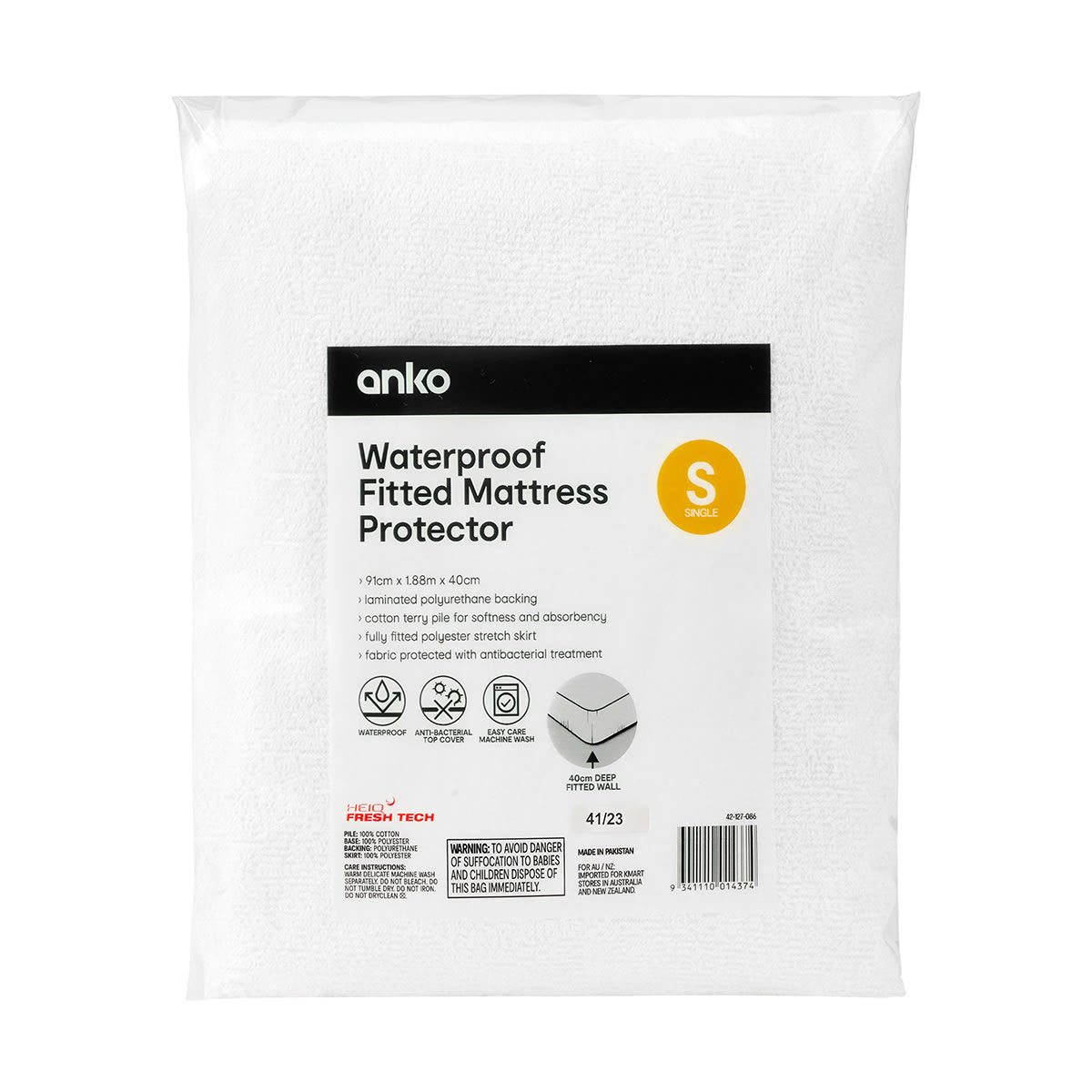 Waterproof Fitted Mattress Protector - Single Bed, White