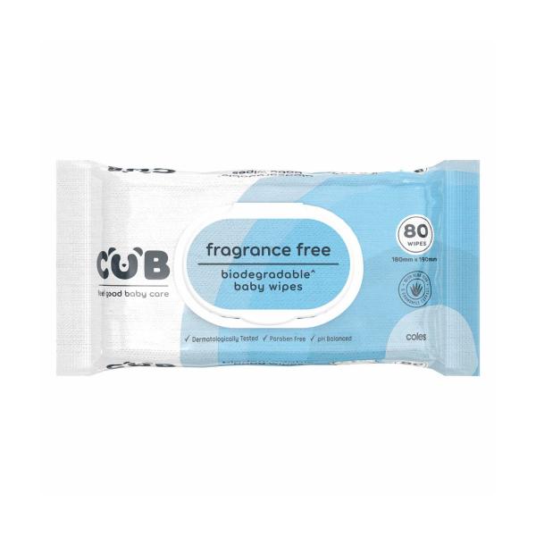 CUB BIODEGRADABLE FRAGRANCE FREE BABY WIPES 80 PACK