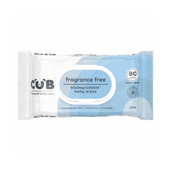 CUB BIODEGRADABLE FRAGRANCE FREE BABY WIPES 80 PACK