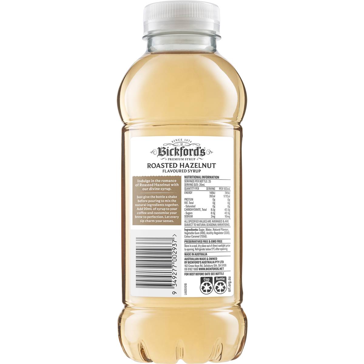 Bickford's Roasted Hazelnut Flavoured Syrup 500ml