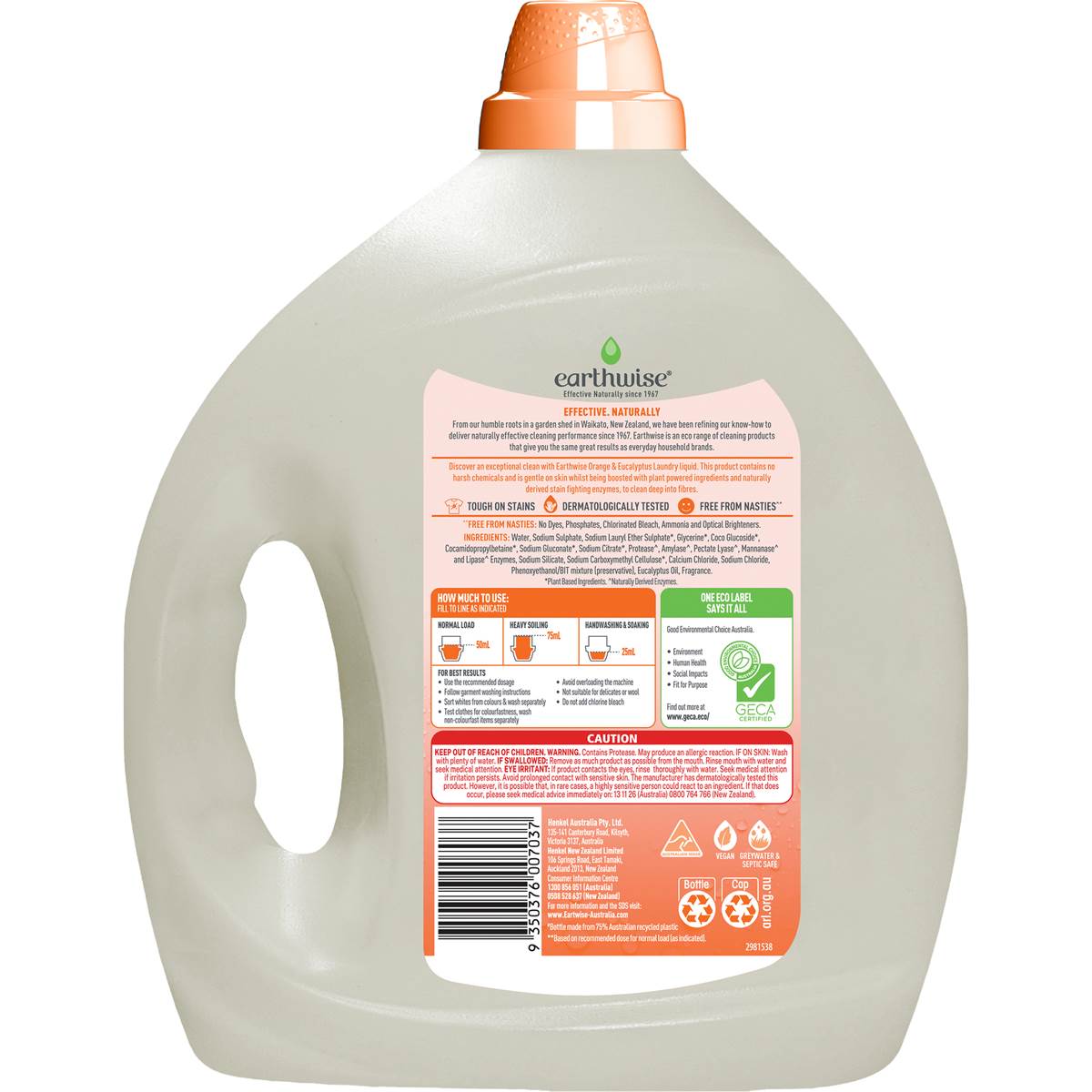 Earthwise Orange & Eucalyptus Laundry Liquid Washing Detergent 4L