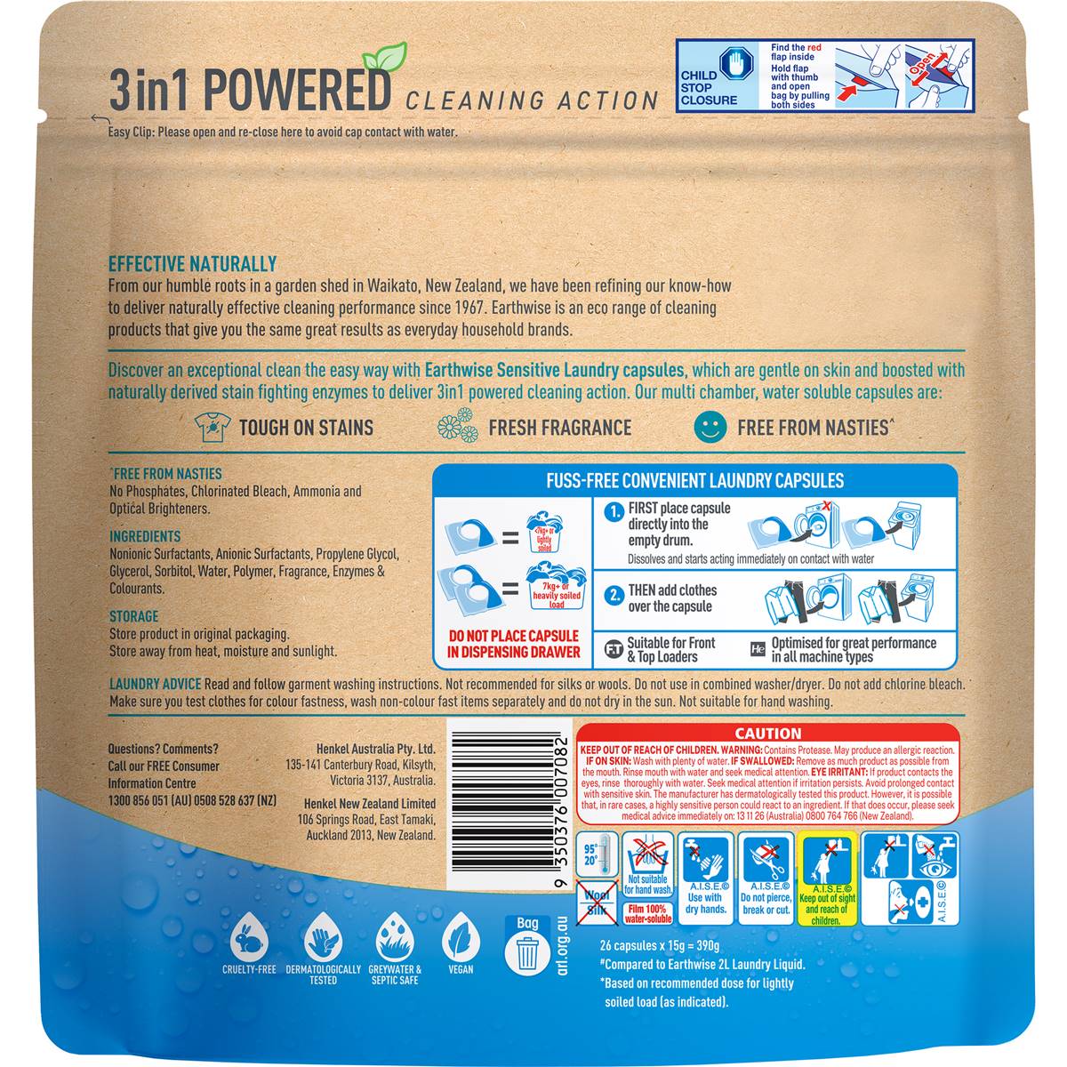 Earthwise Sensitive Clean Laundry Capsules Washing Detergent 26 pack