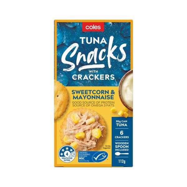 COLES TUNA SNACKS WITH CRACKERS SWEETCORN AND MAYO 112G
