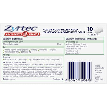 Zyrtec Rapid Acting Hayfever Allergy Relief Antihistamine Tablets 10 pack