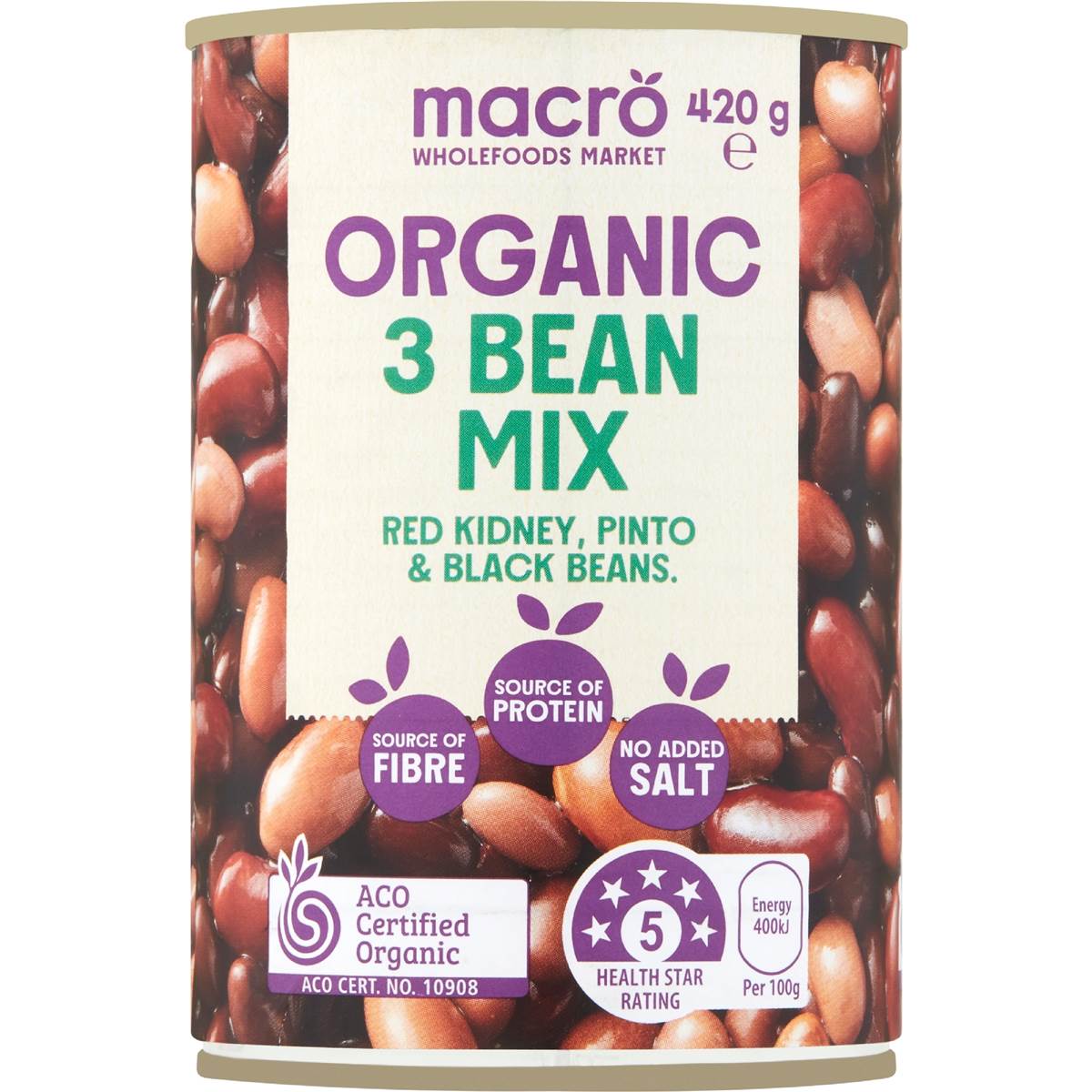 Macro Organic 3 Bean Mix No Added Salt 420g