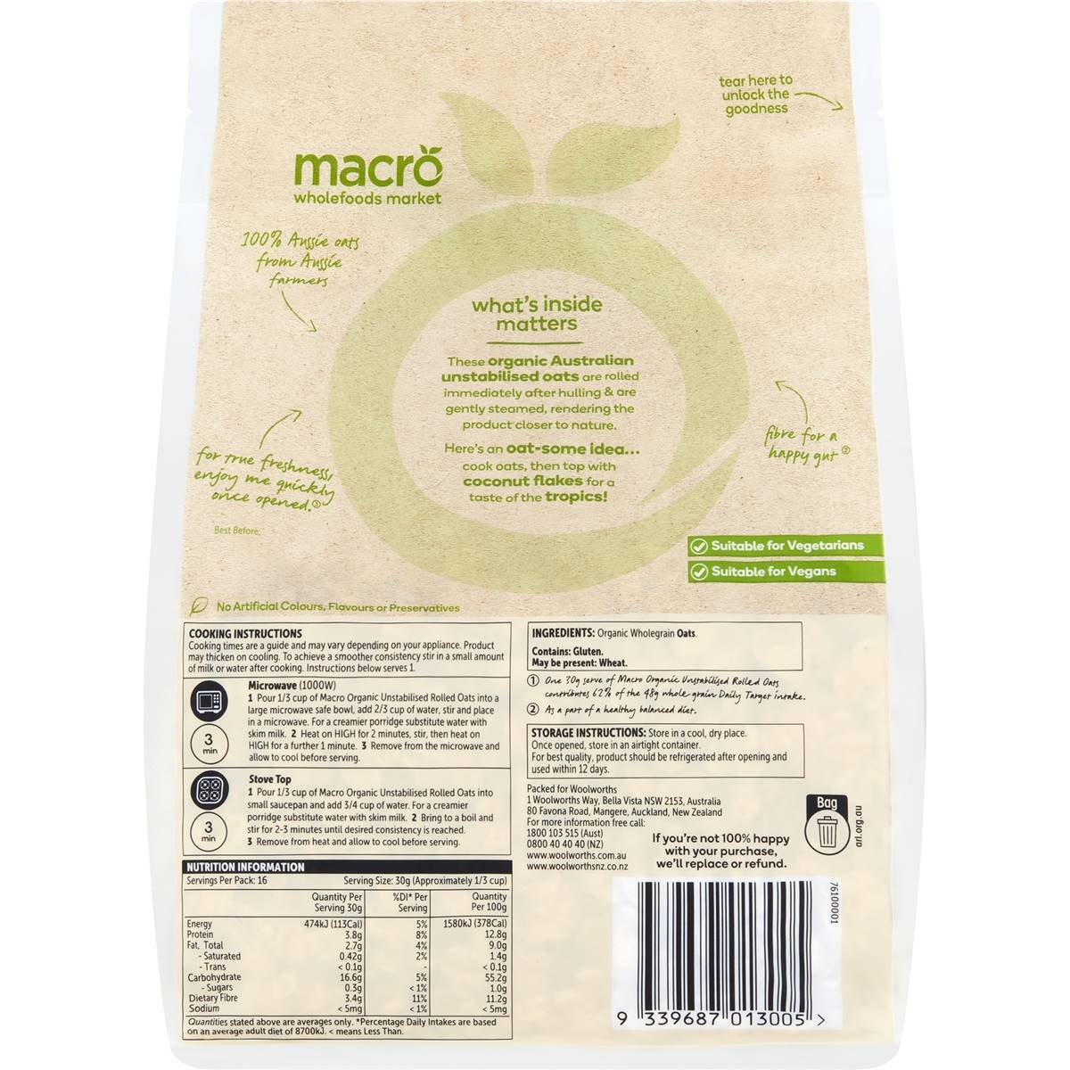 Macro Organic Oats Rolled Unstabilised 500g