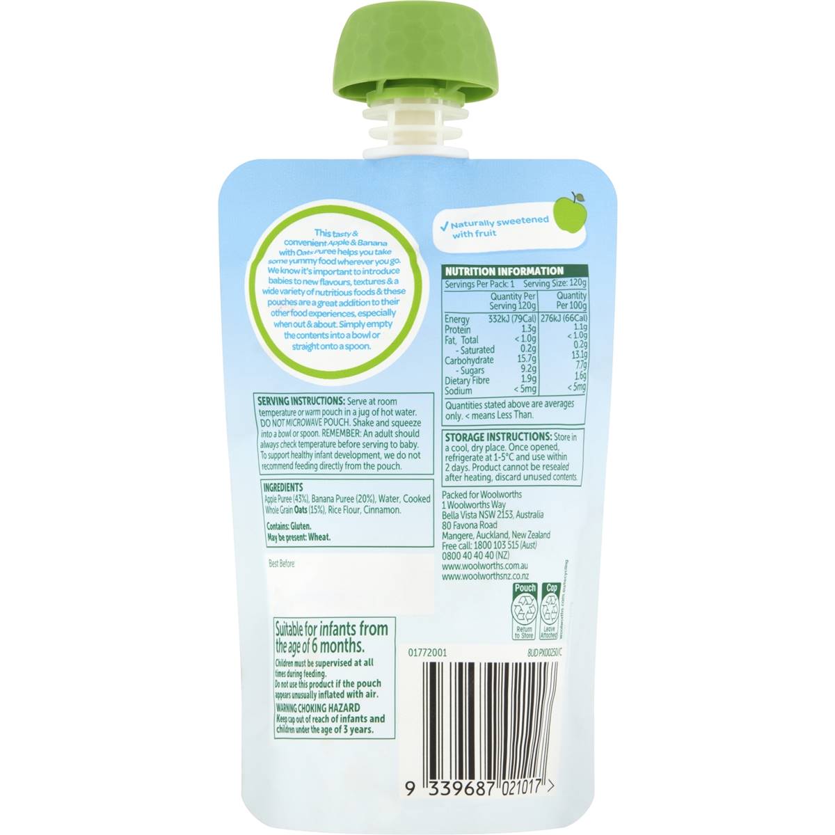 Woolworths Smiling Tums 6 Months+ Apple & Banana With Oats 120g