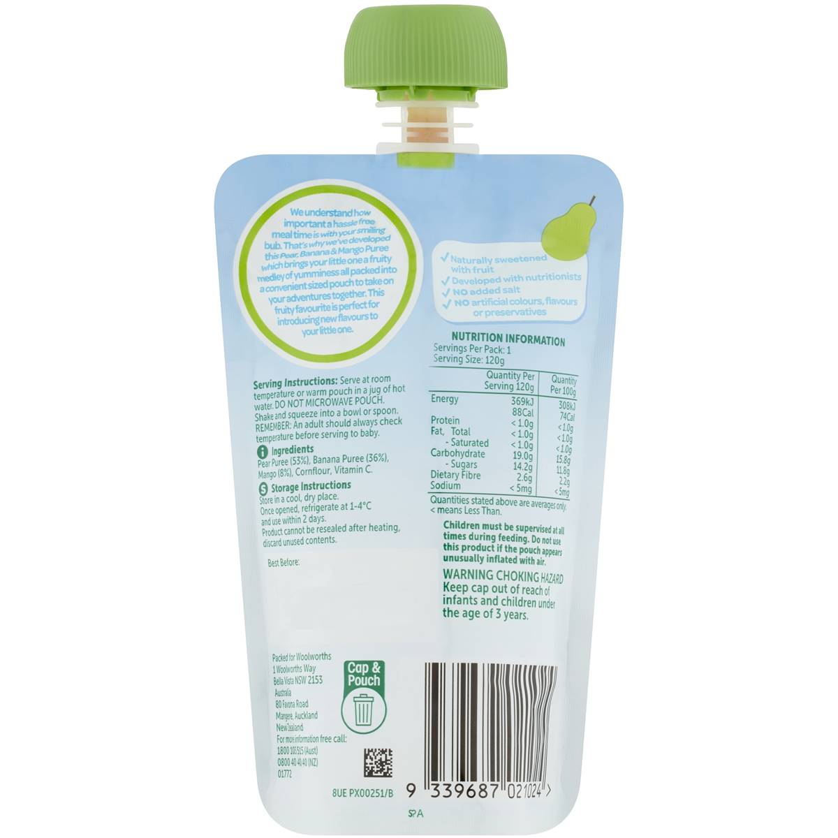 Woolworths Smiling Tums Pear Banana & Mango 120g