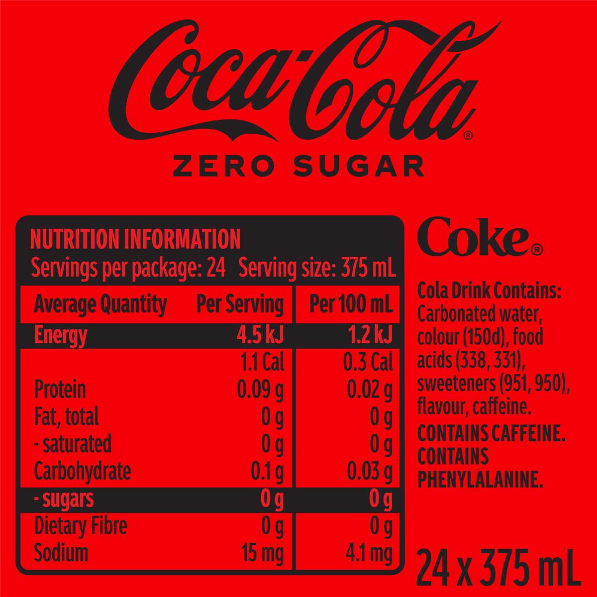 Coca-Cola Zero Sugar Soft Drink Multipack Cans 24 x 375mL