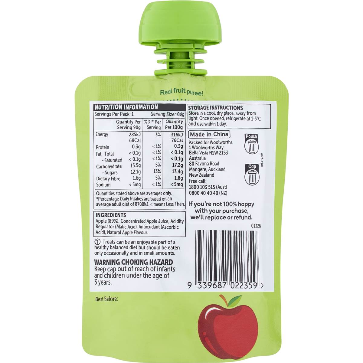 Woolworths Apple Puree In Pouch 90g