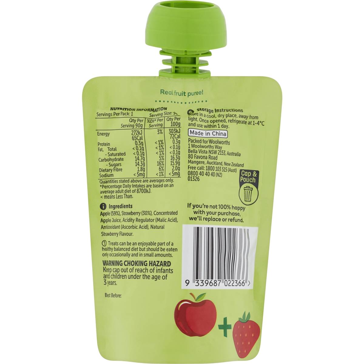 Woolworths Apple & Strawberry Puree In Pouch 90g