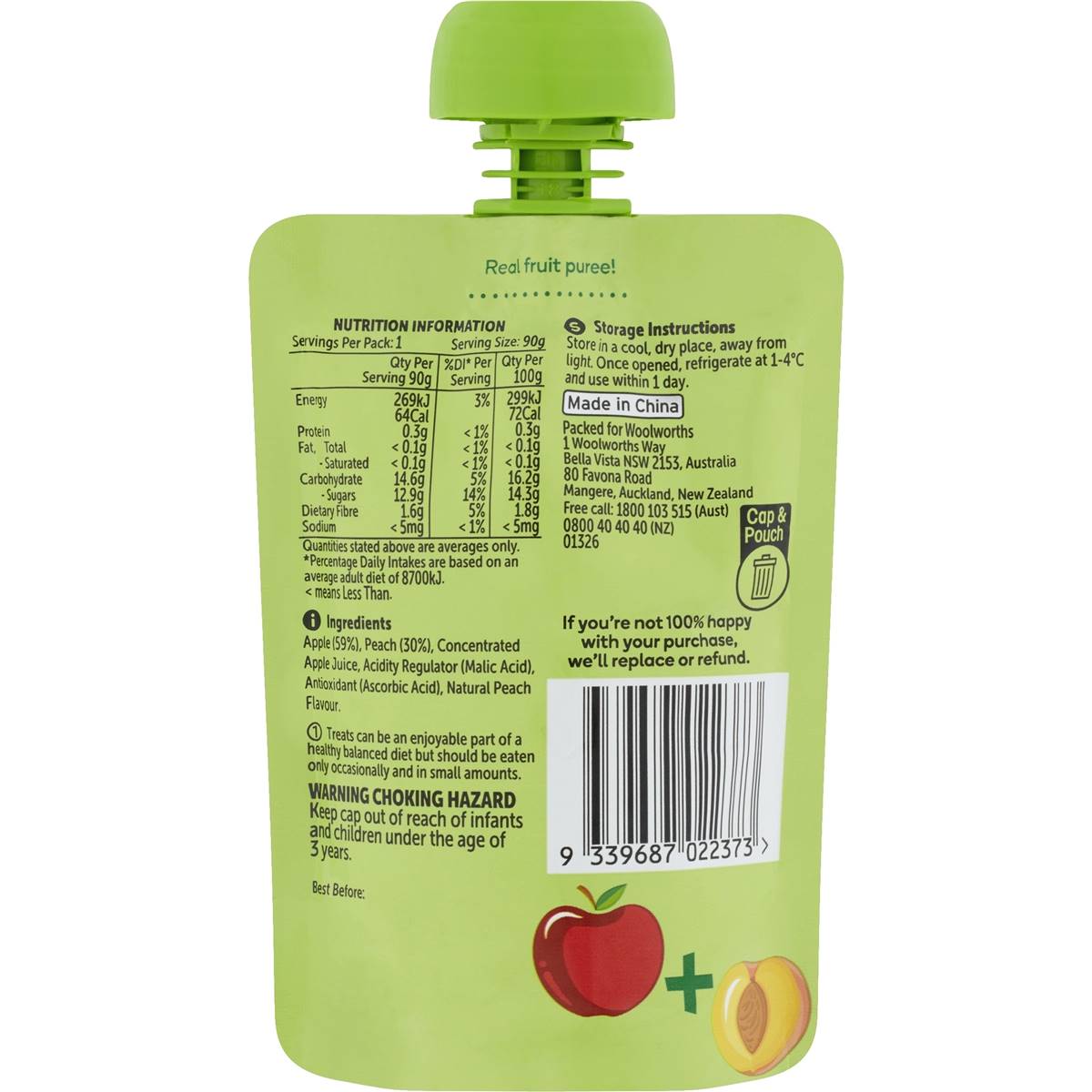 Woolworths Apple & Peach Puree In Pouch 90g