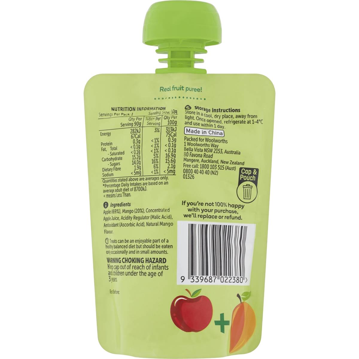 Woolworths Puree In Pouch Apple & Mango 90g