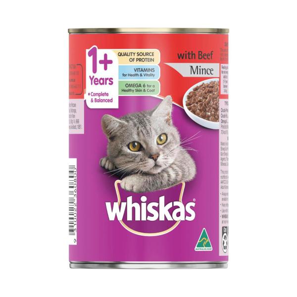 WHISKAS ADULT 1+ YEARS WET CAT FOOD WITH BEEF MINCE 400G CAN