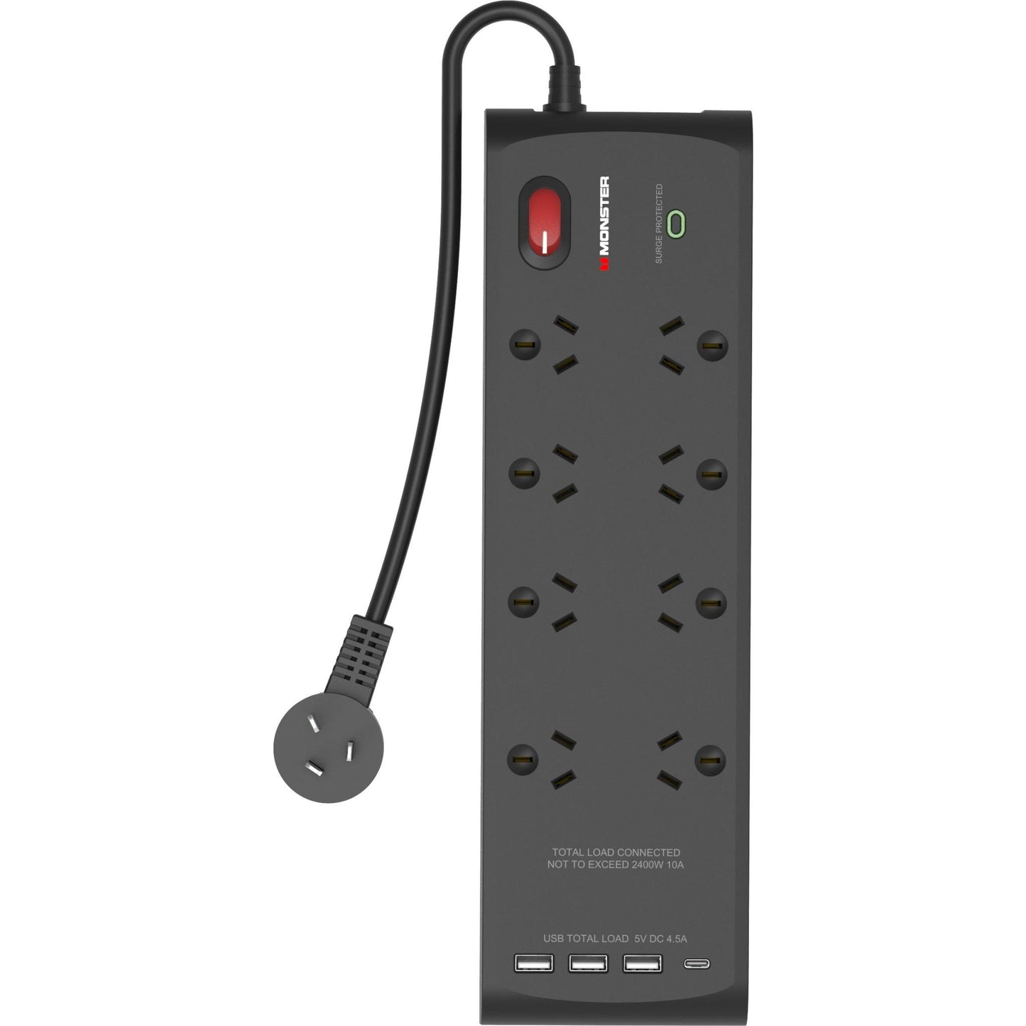 Monster USB 8 Port Surge Protector Power Board (Black)