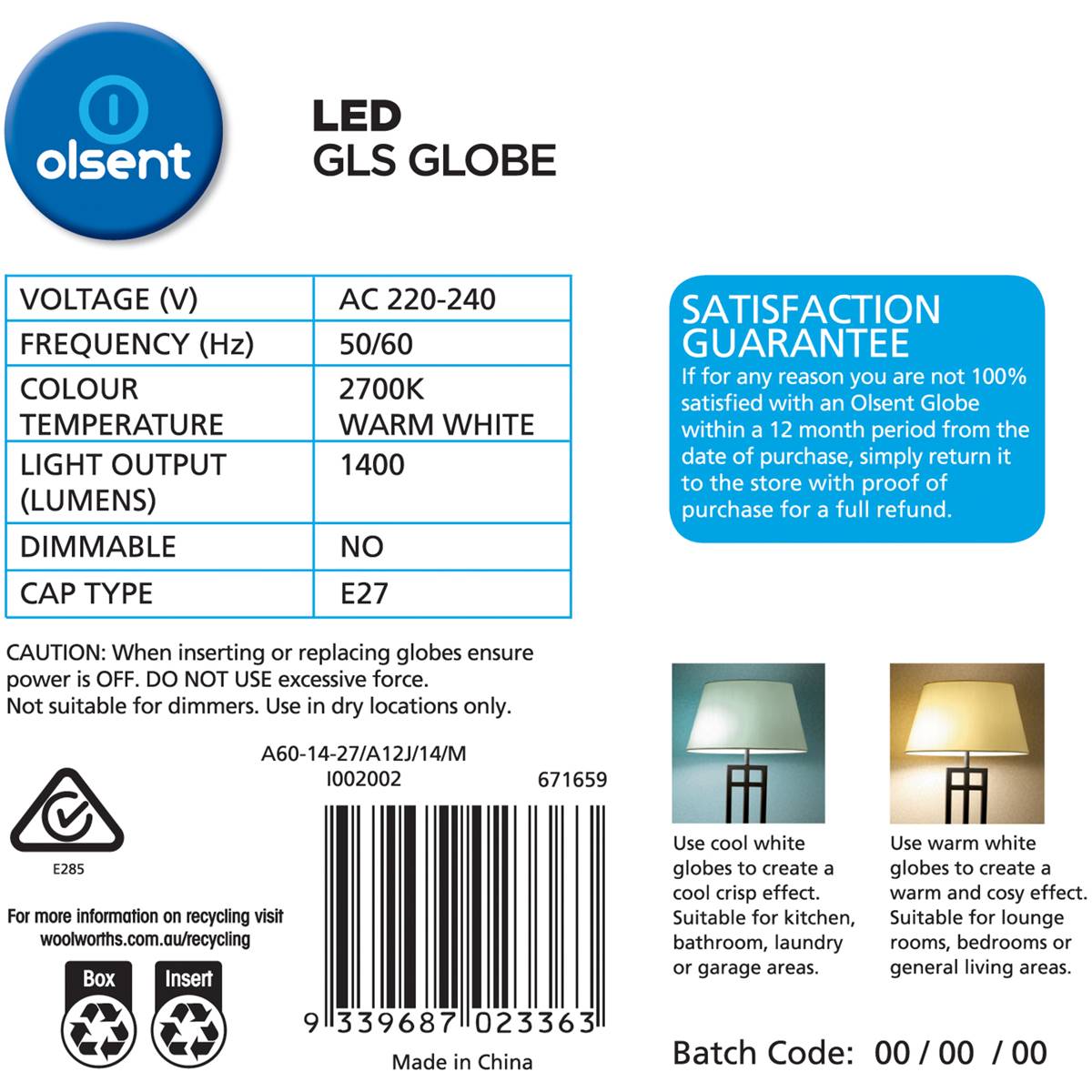 Olsent Led Gls Es 14w 1400lm Ww 2 Pack