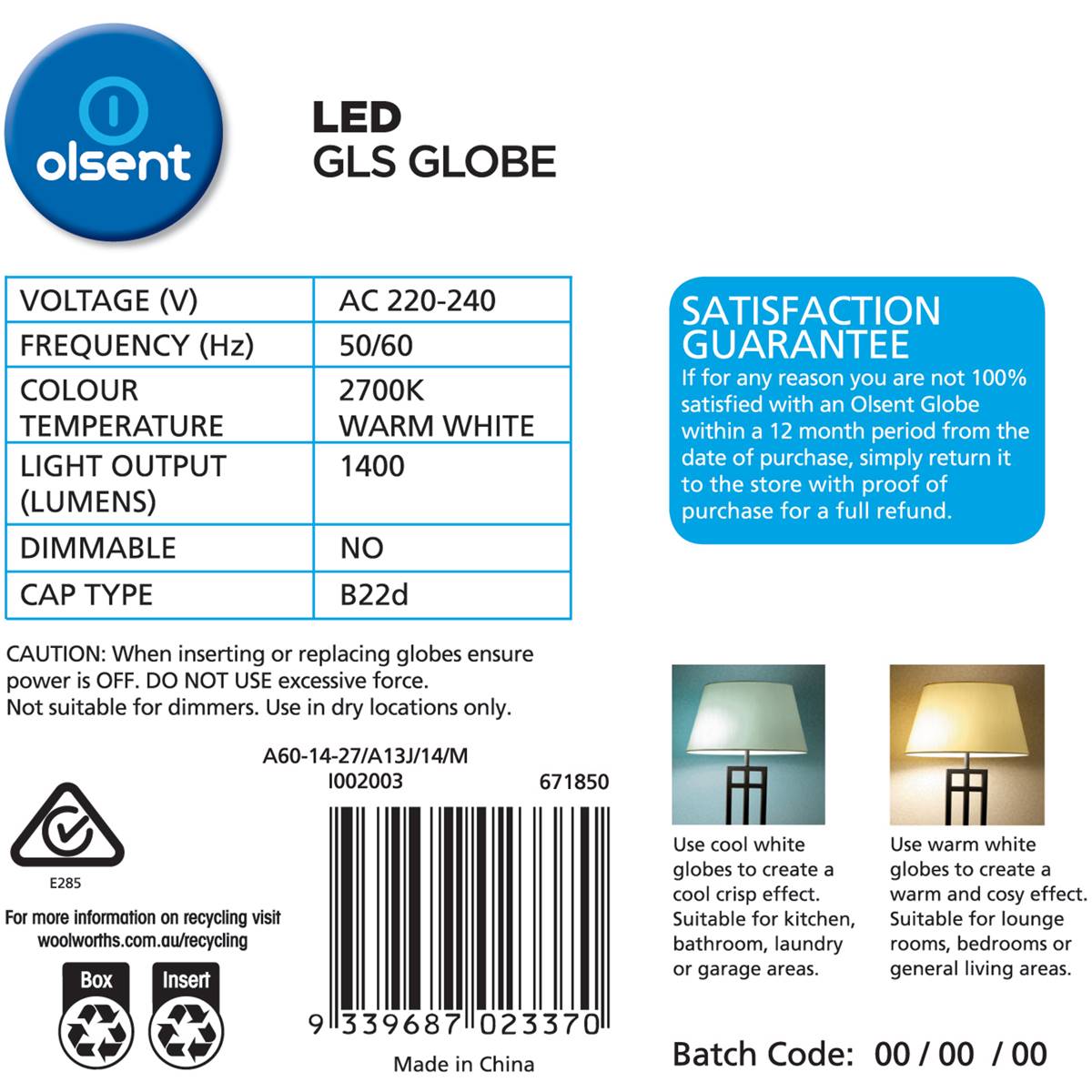 Olsent Led Gls Bc 14w 1400lm Ww 2 Pack