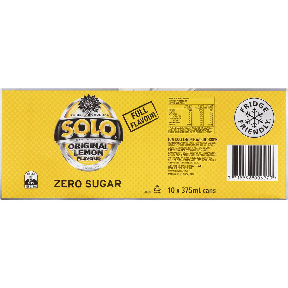 Solo Zero Sugar Original Lemon Soft Drink Cans Multipack 375ml x 10 Pack