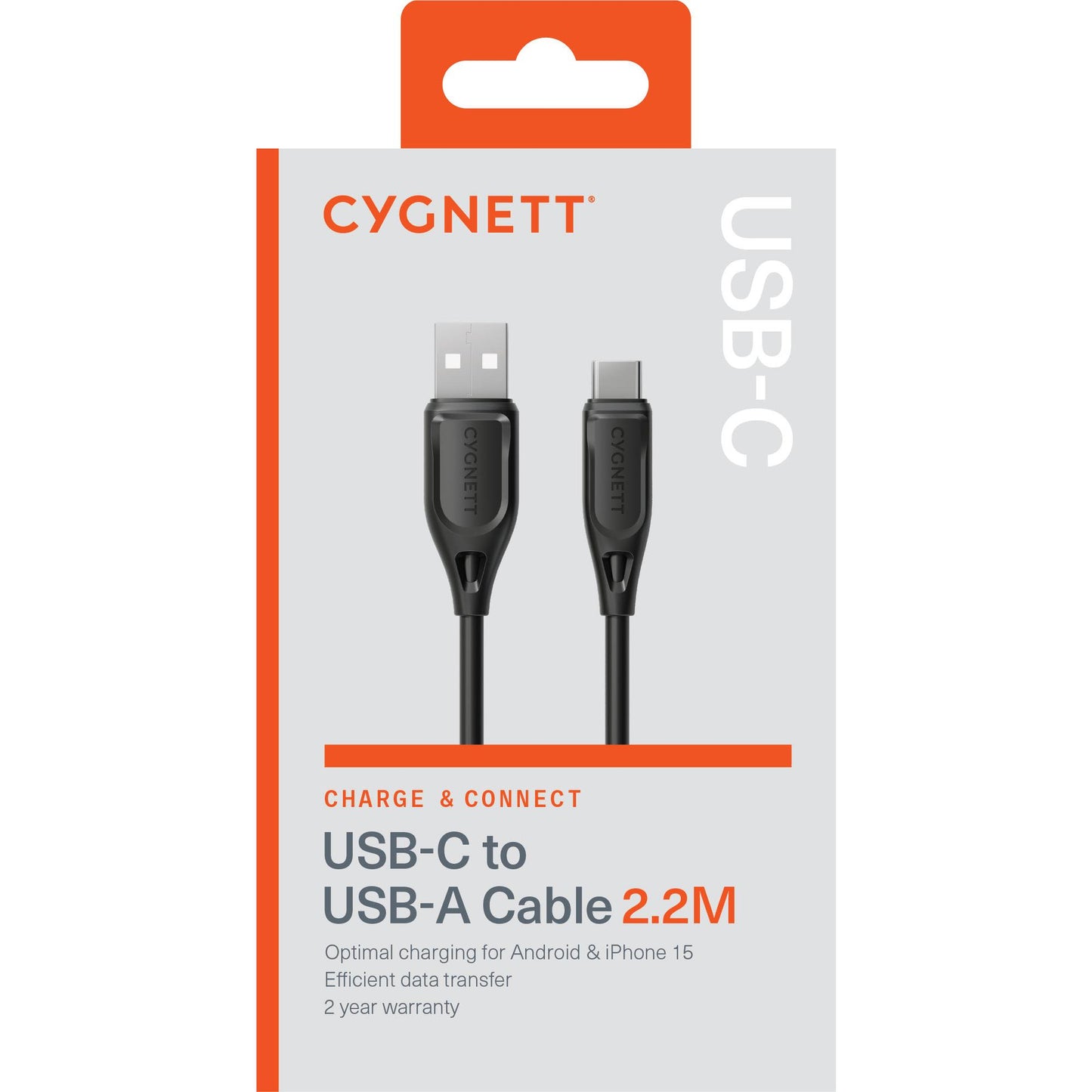 Cygnett Charge & Connect USB-C to USB-A 2.0 Cable V2 2.2m (Black)