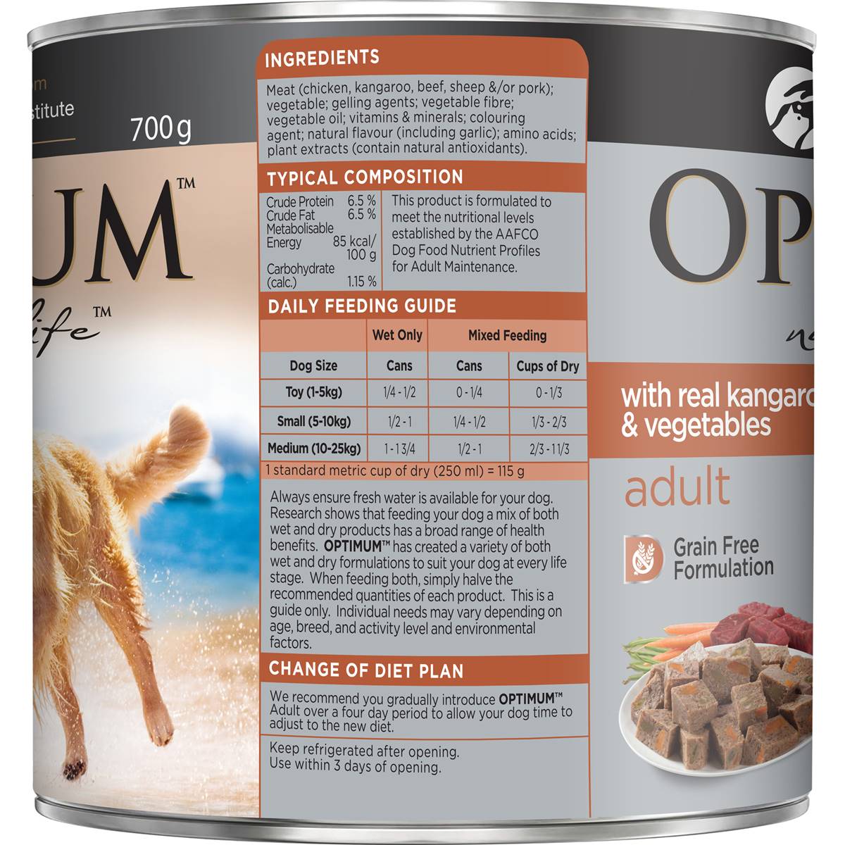 Optimum Grain Free Kangaroo & Vegetables Wet Dog Food Can 700g