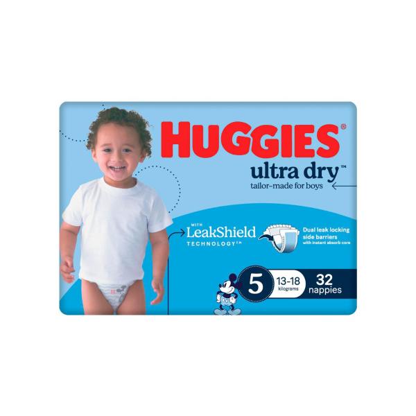 HUGGIES ULTRA DRY NAPPIES BOYS SIZE 5 (13-18KG) 32 PACK