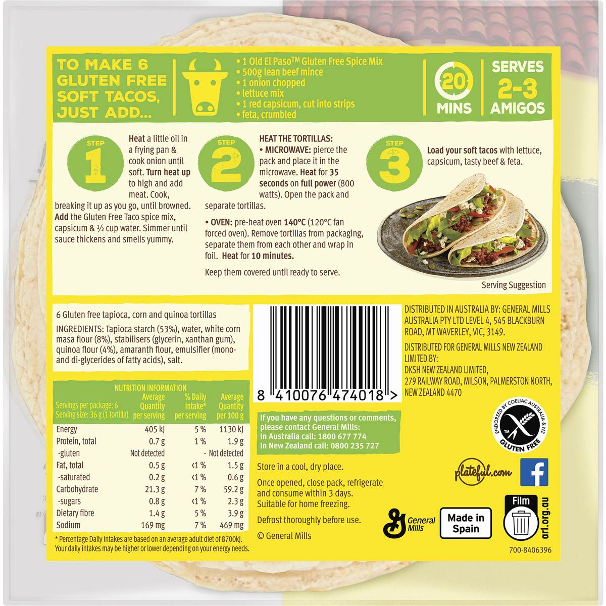 Old El Paso Gluten Free Tortilla Fajita Wraps 6 pack