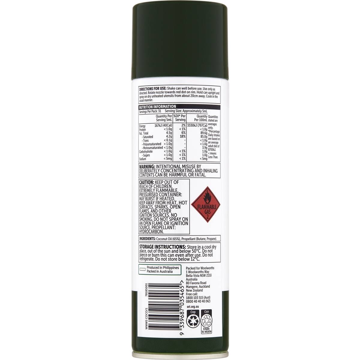 Woolworths Coconut Oil Spray 225g