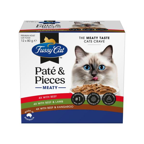 FUSSY CAT GRAIN FREE TWICE AS TASTY WET CAT FOOD PATE & PIECES MEATY MOMENTS 12X80G