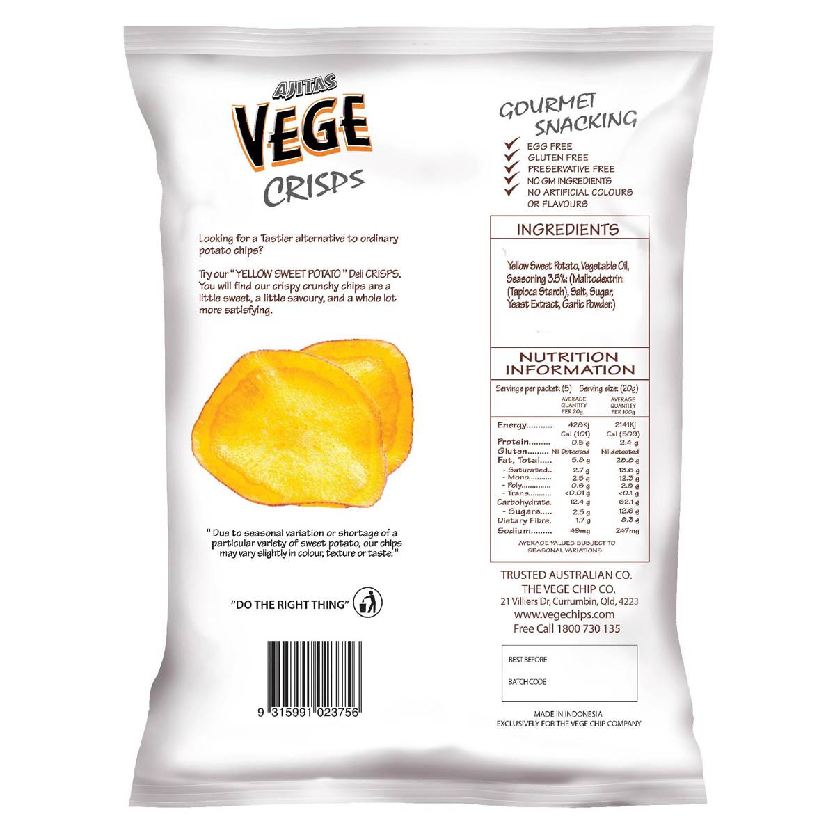 Vege Chips Yellow Sweet Potato Deli Crisps 100g