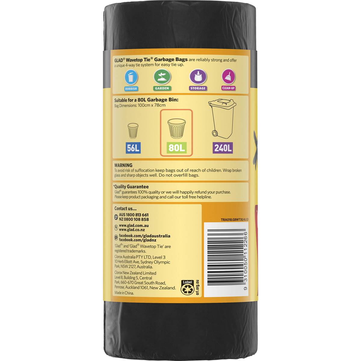 Glad Wavetop Garbage Bag 80 Litres 30 pack