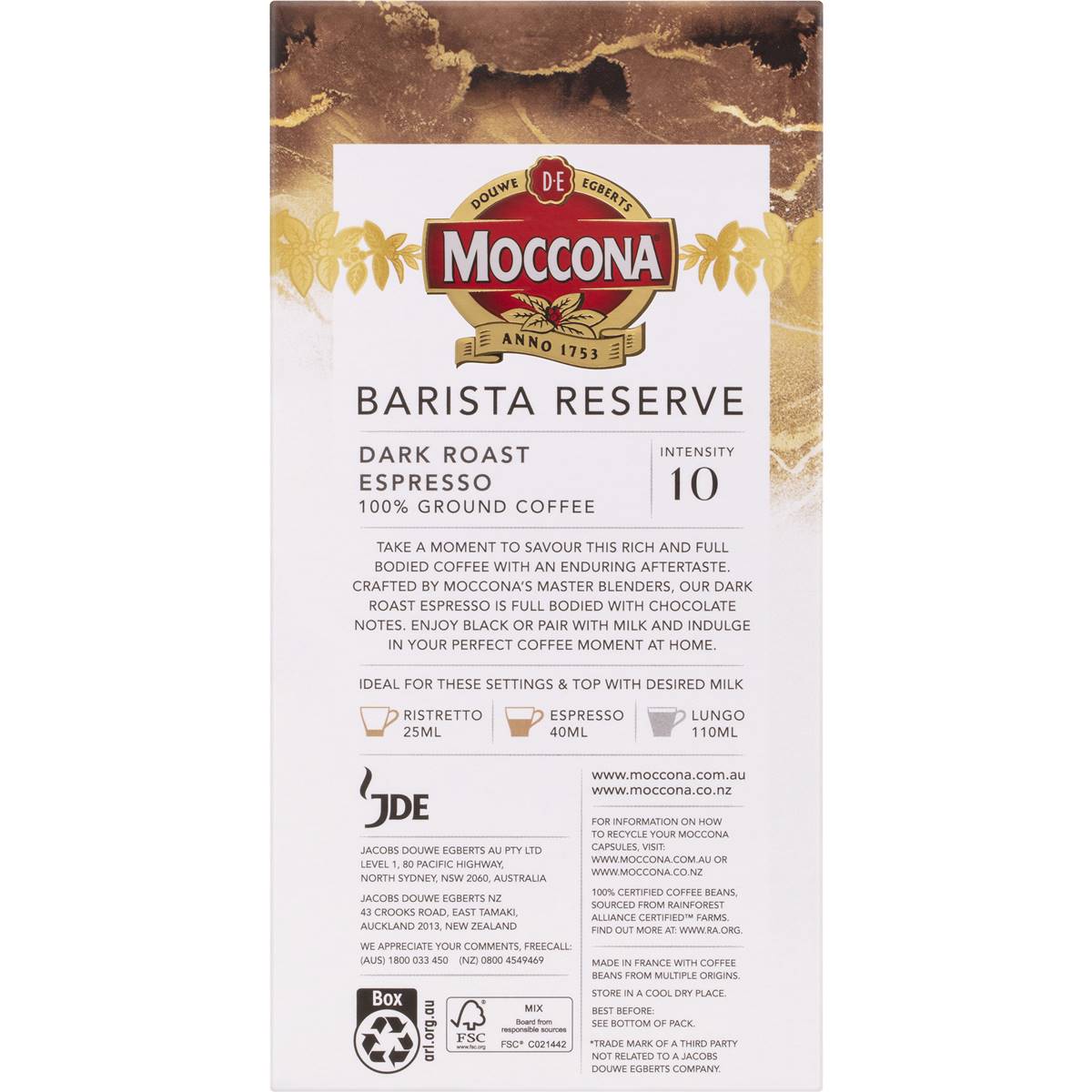 Moccona Barista Reserve Coffee Pods Dark Roast Espresso 10 pack