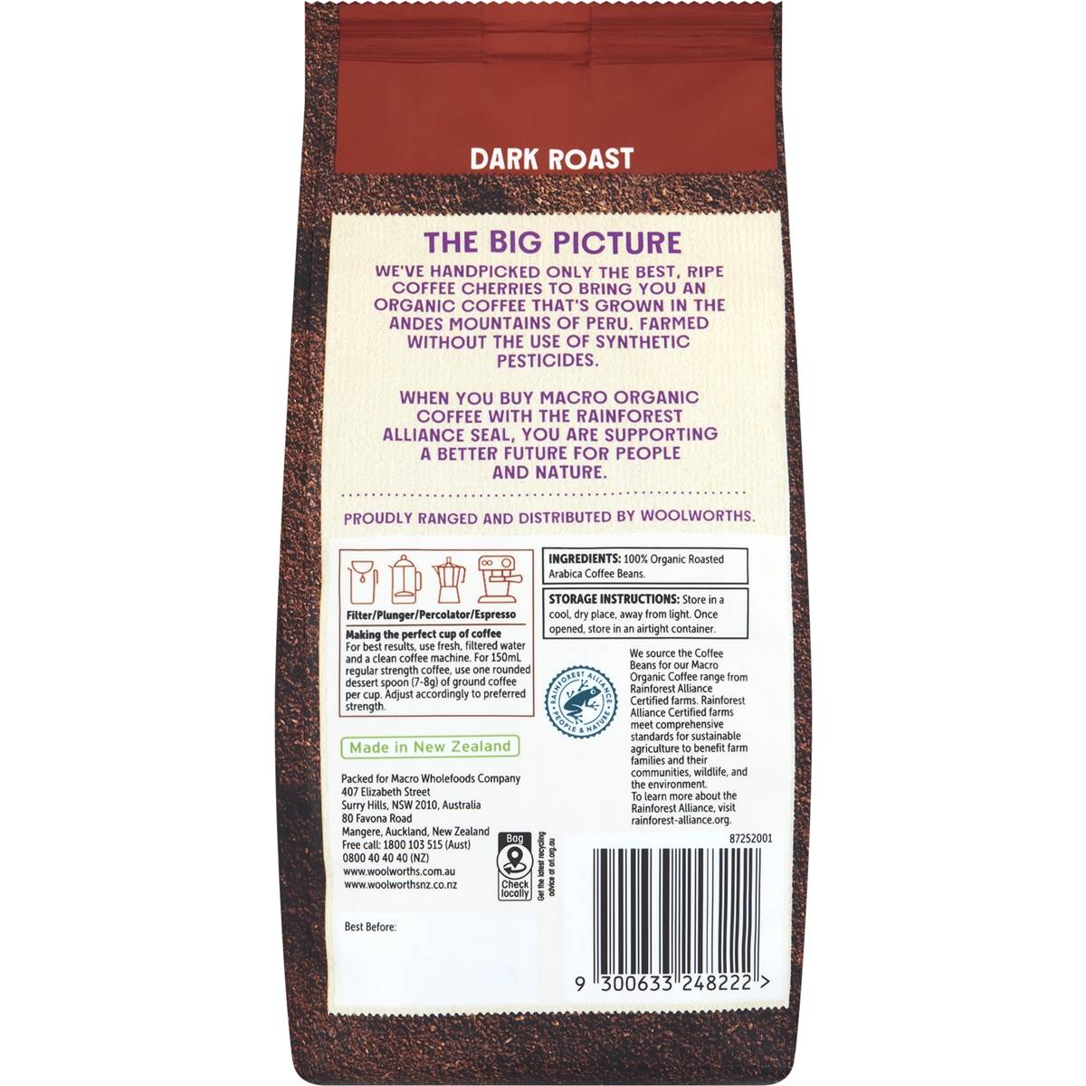 Macro Organic Fairtrade Ground Coffee Dark 200g
