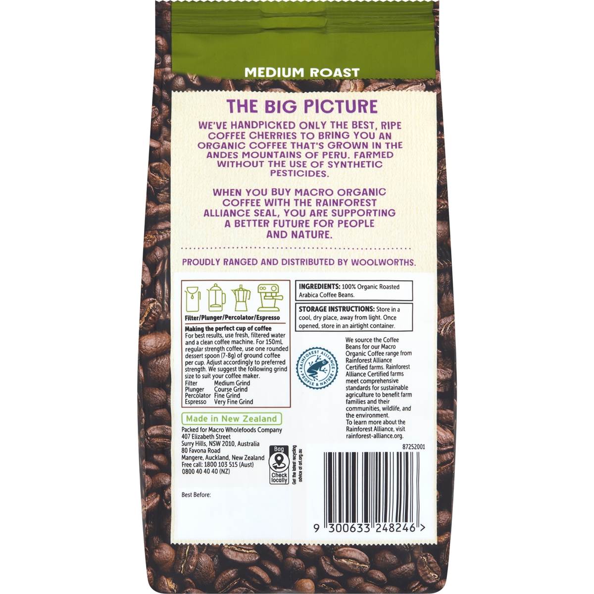 Macro Organic Fairtrade Coffee Beans Medium 200g