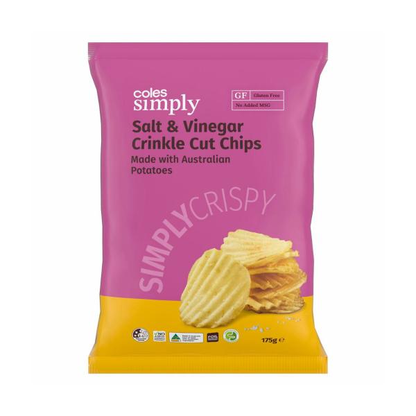 COLES SIMPLY SALT & VINEGAR CRINKLE CUT CHIPS 175G