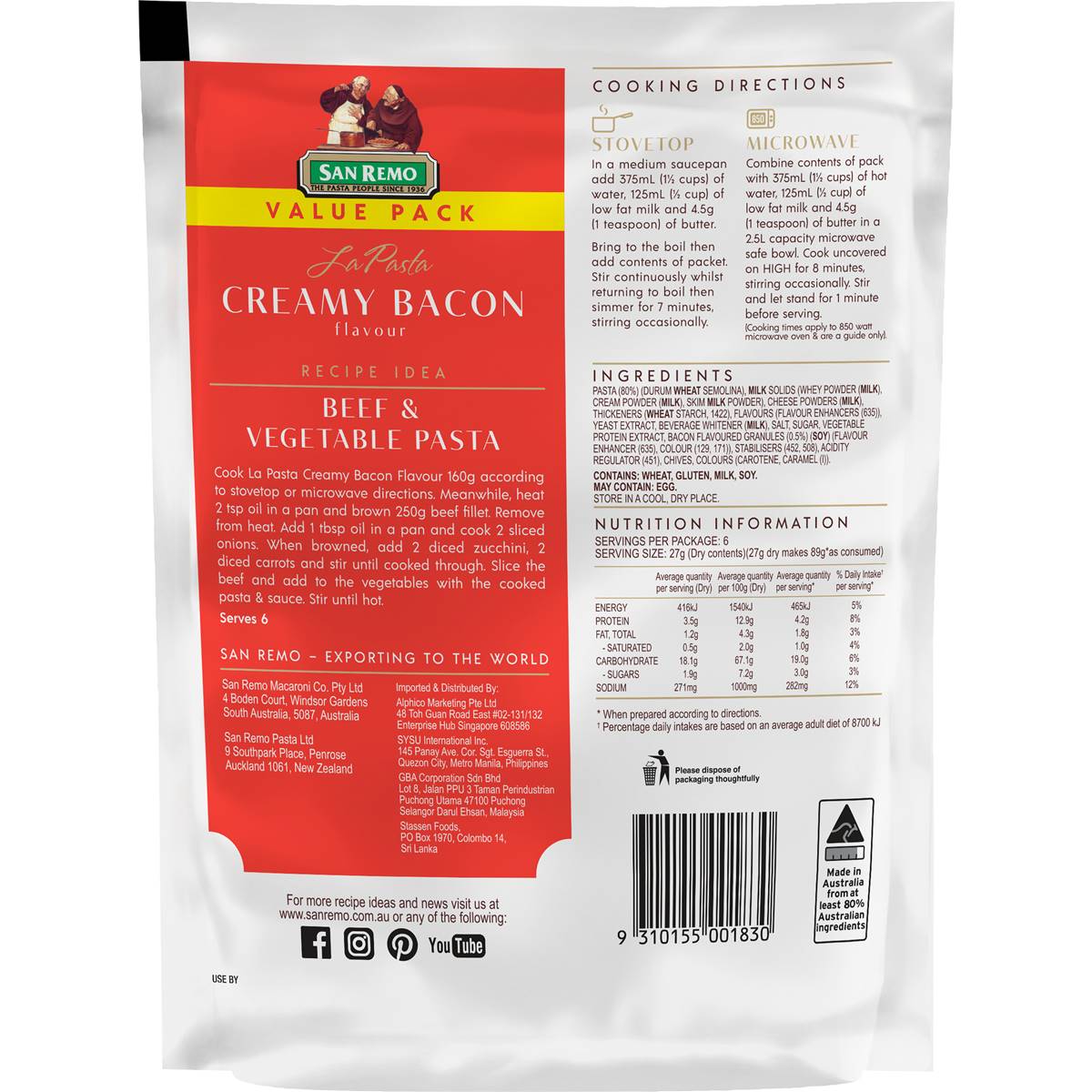 San Remo La Pasta Creamy Bacon 160g