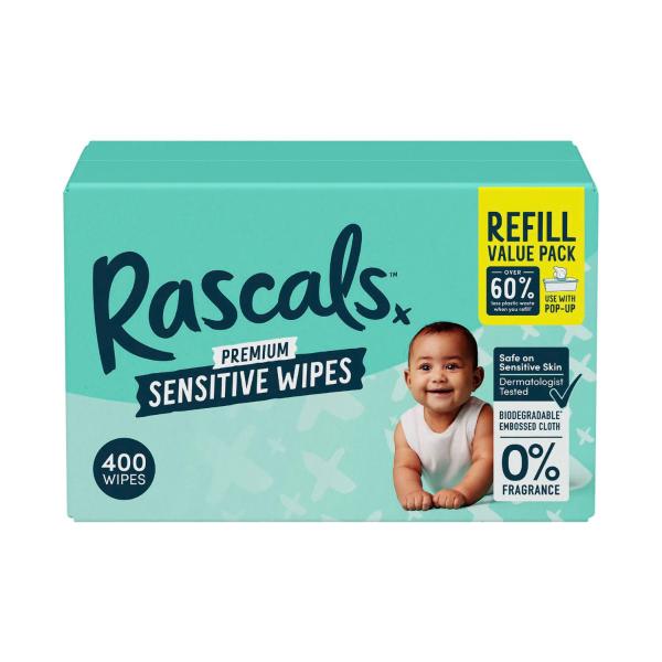 RASCALS PREMIUM SENSITIVE WIPES PLASTIC FREE CLOTH 400 PACK