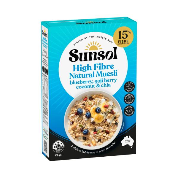 SUNSOL NATURAL MUESLI BLUEBERRY GOJI BERRIES COCONUT & CHIA 500G