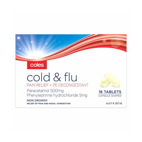 COLES PE CAPSULES COLD & FLU PAIN RELIEF 16 PACK