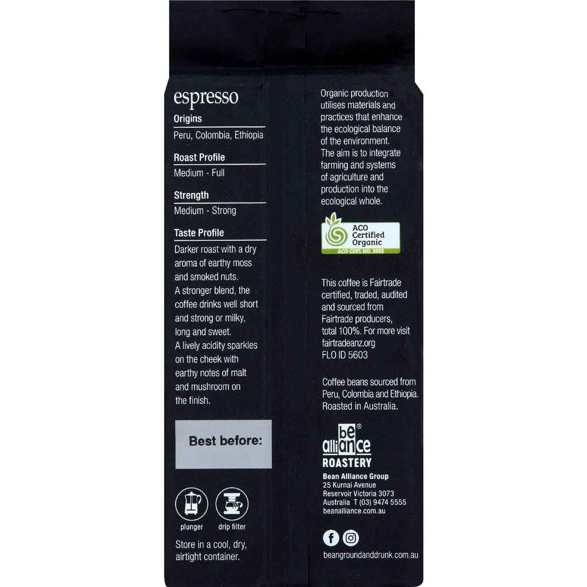 Bean Ground & Drunk Ground Coffee Organic Fairtrade Espresso 250g