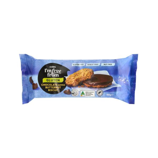 COLES I'M FREE FROM CHOCOLATE DIPPED BUTTERNUT BISCUIT 150G